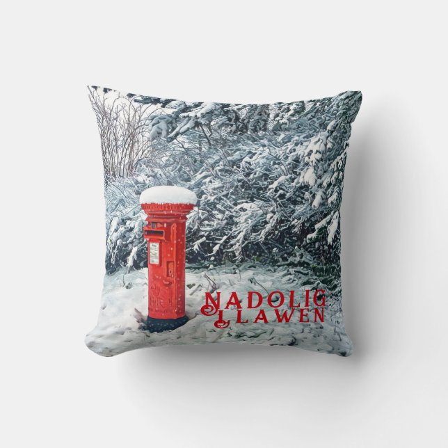 Traditional Red Postal Box and Snow on Trees Throw Pillow (Front)