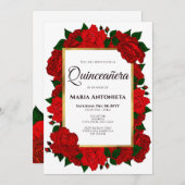 Traditional Red Roses Gold Photo Quinceañera Invit Invitation (Front/Back)