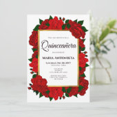 Traditional Red Roses Gold Photo Quinceañera Invit Invitation (Standing Front)