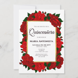 Traditional Red Roses Gold Photo Quinceañera Invit Invitation