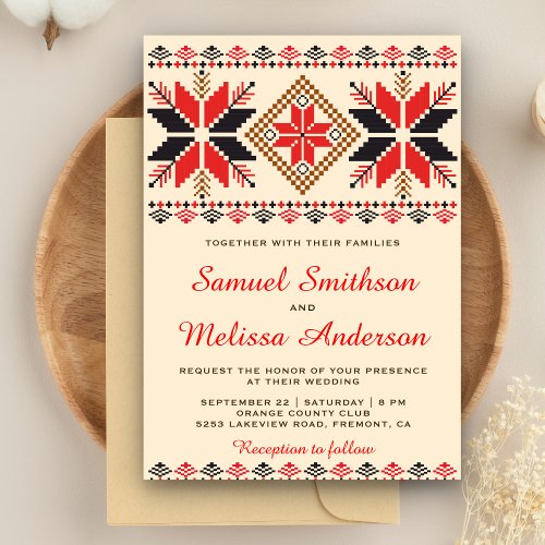 Traditional Red Weave Folk Art Wedding Invitation