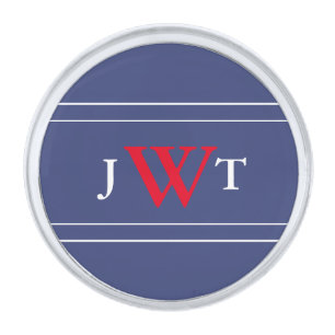 Traditional Red White and Blue Initials Monogram Silver Finish Lapel Pin