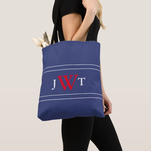 Traditional Red White and Blue Monogram Initials Tote Bag (Close Up)