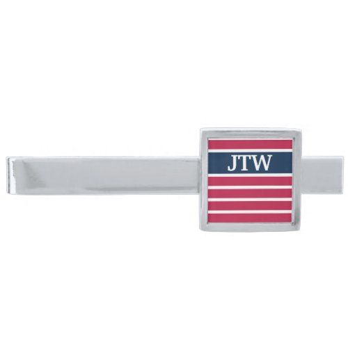 Traditional Red White and Blue Monogram Silver Finish Tie Bar