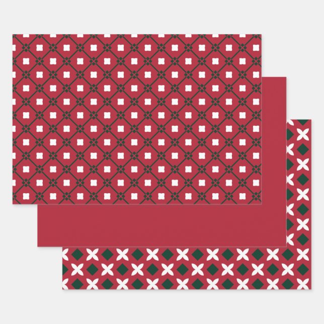 Traditional Red White and Green Pattern and Solid Wrapping Paper Sheets (Set)