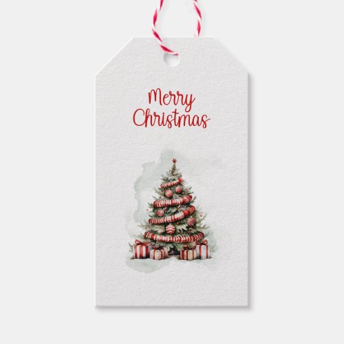Traditional Red White Watercolor Christmas Tree  Gift Tags