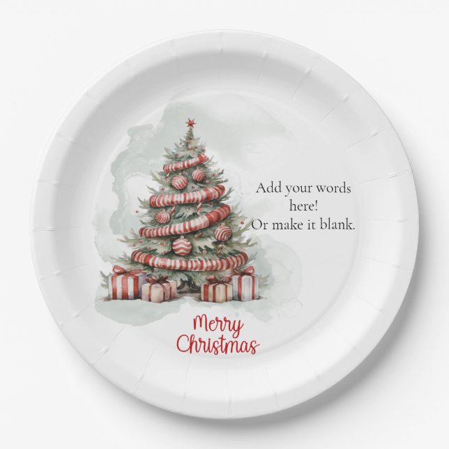 Traditional Red White Watercolor Christmas Tree Paper Plates (Front)