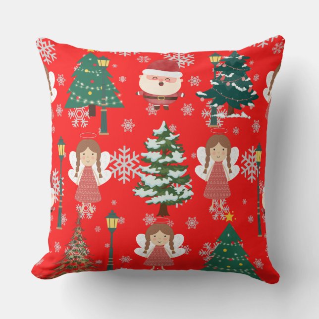 Traditional red Xmas design with text santa trees  Throw Pillow (Front)