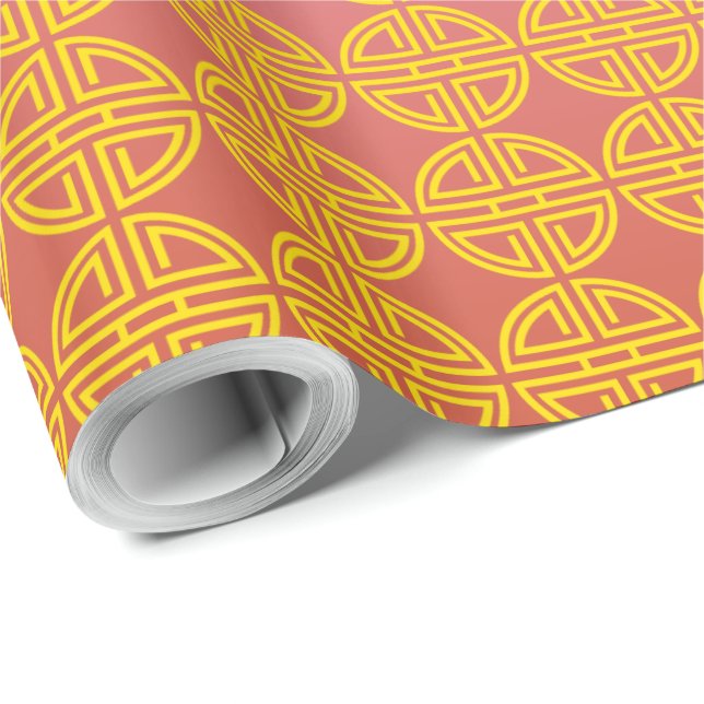 Traditional Red Yellow Chinese Longevity Motifs Wrapping Paper (Roll Corner)