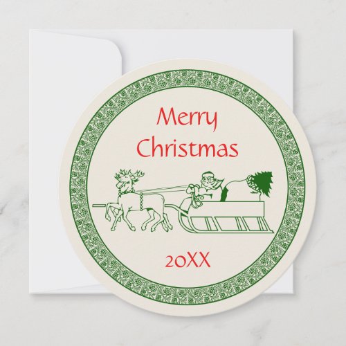 Traditional Reindeer Santa Sledge Retro Christmas Thank You Card