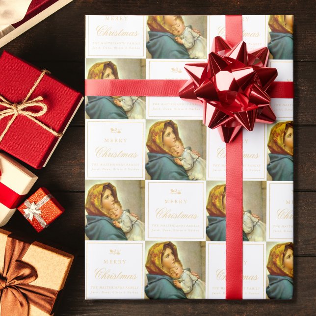 Traditional Religious Virgin Mary & Jesus Catholic Wrapping Paper (Madonna & Child religious Christmas gift wrap in white and gold)