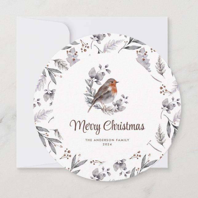 Traditional Robin Bird Merry Christmas Card (Front)