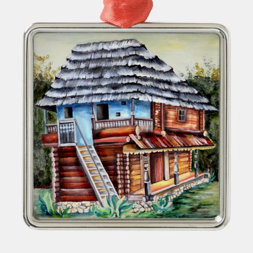 Traditional Romanian House _ Watercolor Painting Metal Ornament