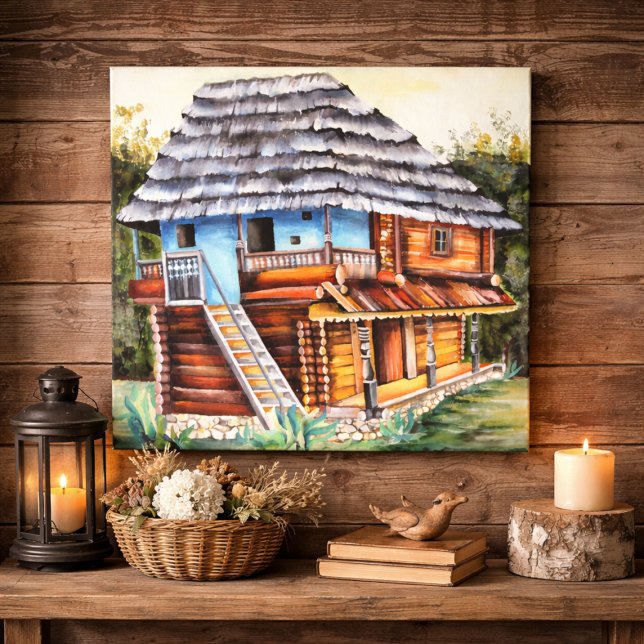 Traditional Romanian Village House Folk Art Canvas Print (Creator Uploaded)