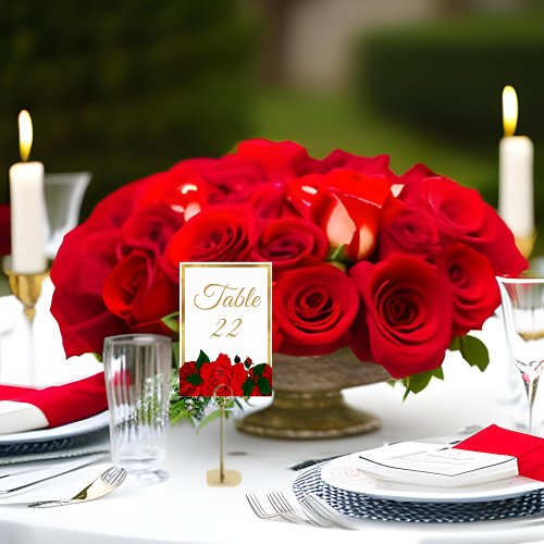Traditional Romantic Gold Framed Red Roses Wedding Table Number