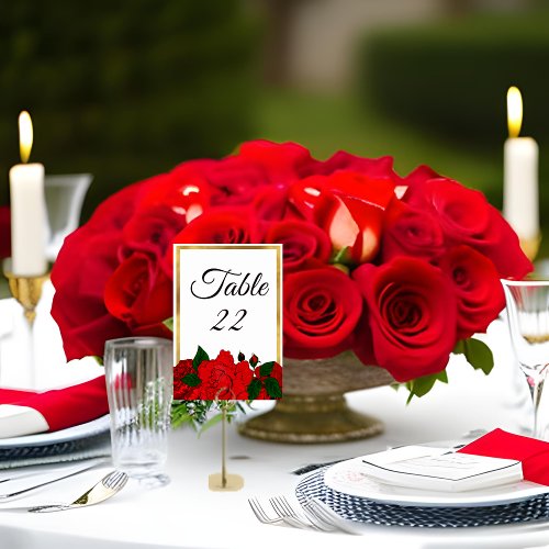 Traditional Romantic Passion Red Roses Wedding Table Number