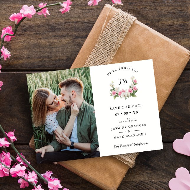 Traditional Romantic Pink Floral Orchids Garland Save The Date (Traditional Romantic Pink Shades Floral Orchids Garland Photo Wedding Initials Save the Date Card.)