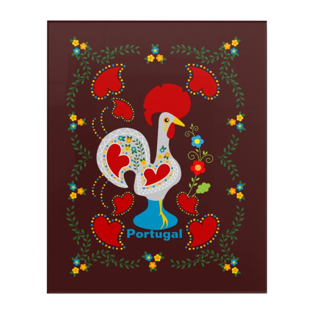 Traditional rooster of Barcelos in white Acrylic Print (Front)