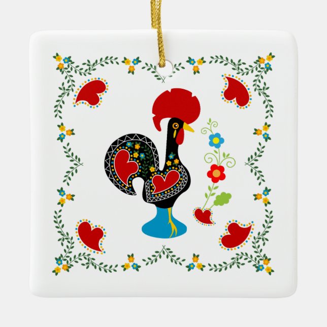 Traditional Rooster of Portugal Happy Birthday Ceramic Ornament (Front)