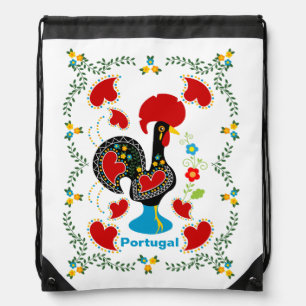 Traditional Rooster of Portugal in black Drawstring Bag