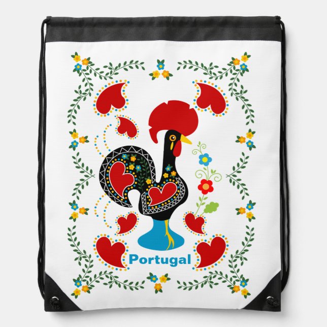 Traditional Rooster of Portugal in black Drawstring Bag (Front)