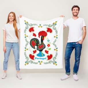 Traditional Rooster of Portugal in black Fleece Blanket