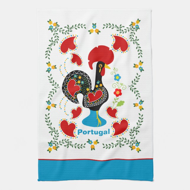 Traditional Rooster of Portugal in black Kitchen Towel (Vertical)