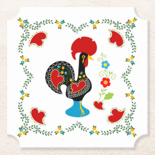 Traditional Rooster of Portugal in black Paper Coaster