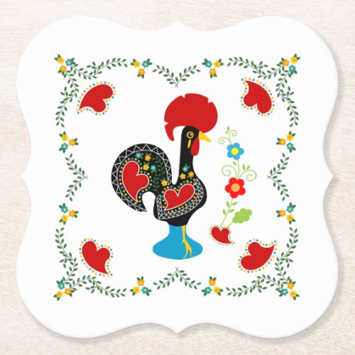 Traditional Rooster of Portugal in black Paper Coaster