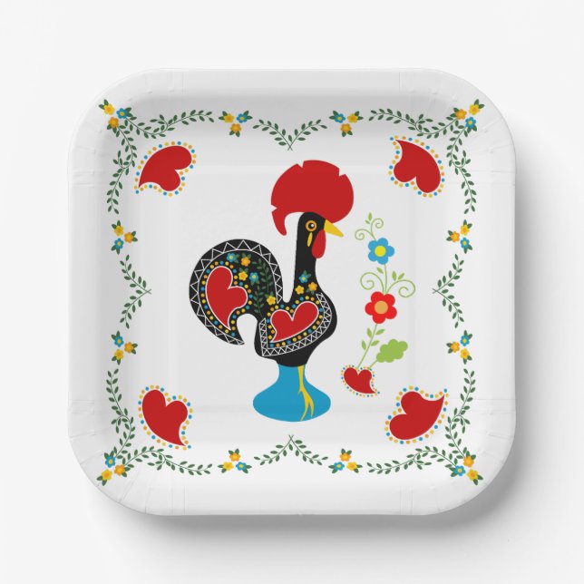 Traditional Rooster of Portugal in black Paper Plates (Front)