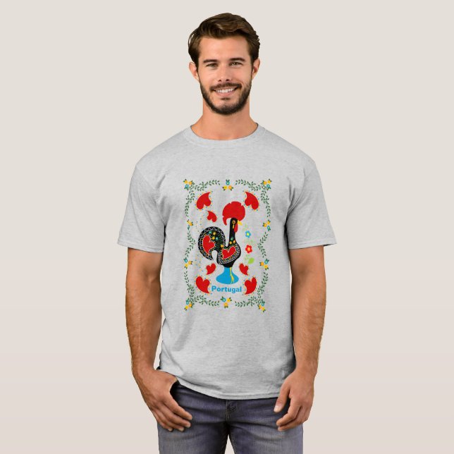 Traditional Rooster of Portugal in black T-Shirt (Front Full)