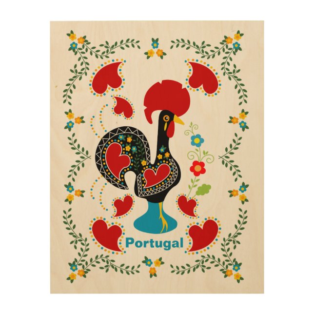 Traditional Rooster of Portugal in black Wood Wall Art (Front)