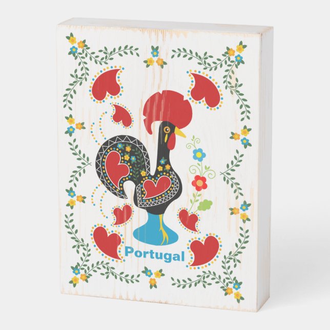 Traditional Rooster of Portugal in black Wooden Box Sign (Angled Vertical)