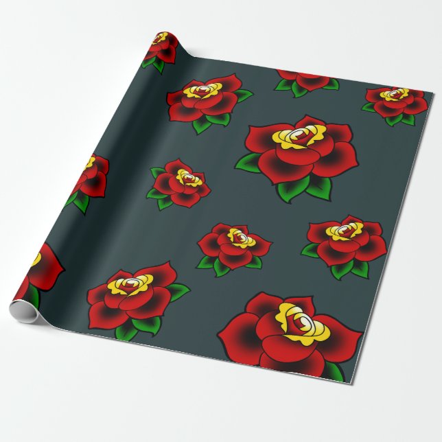 Traditional Rose Tattoo Wrapping Paper (Unrolled)