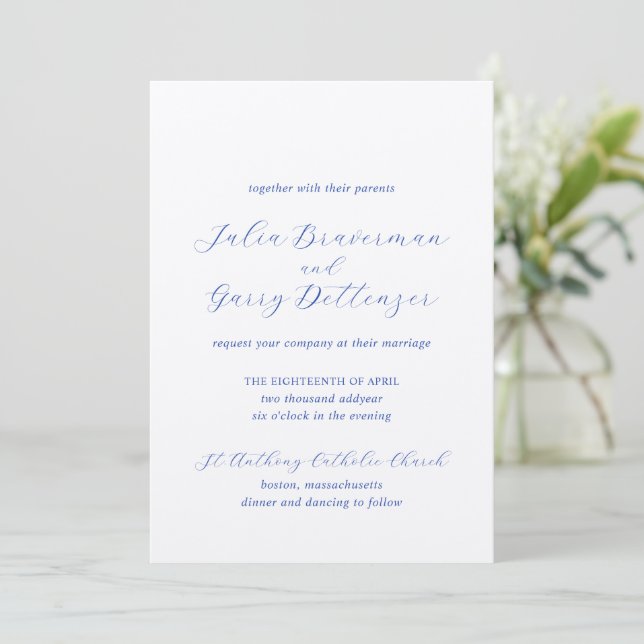 Traditional Royal Blue Elegant Wedding Invitation (Standing Front)