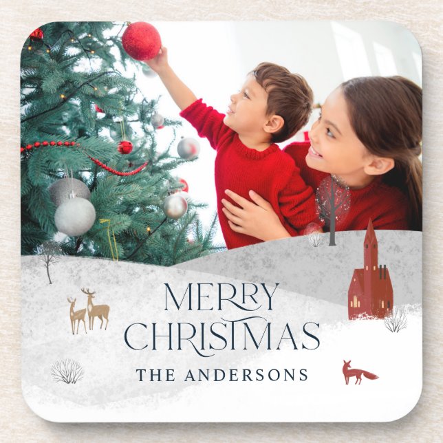 Traditional Rustic 1 photo Winter Merry Christmas  Beverage Coaster (Front)