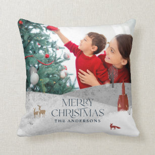 Traditional Rustic 1 photo Winter Merry Christmas Throw Pillow