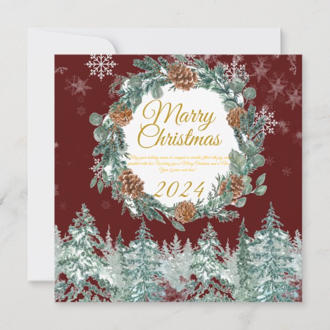 Traditional rustic burgundy Merry Christmas flat Holiday Card (Front)