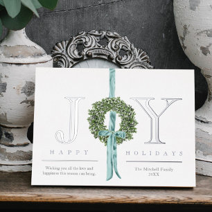 Traditional Rustic Joy Wreath Ribbon Watercolor Foil Holiday Card
