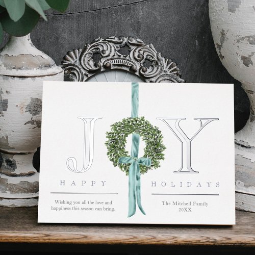 Traditional Rustic Joy Wreath Ribbon Watercolor Foil Holiday Card