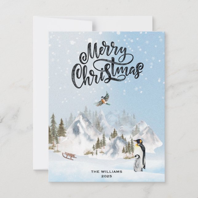 Traditional Rustic penguin Winter Merry Christmas Holiday Card (Front)