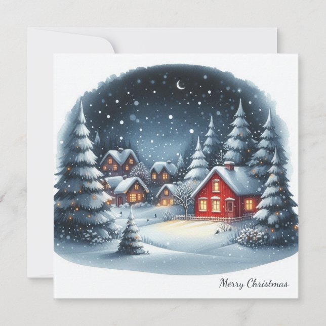 Traditional Rustic Watercolor Christmas Houses Holiday Card (Front)