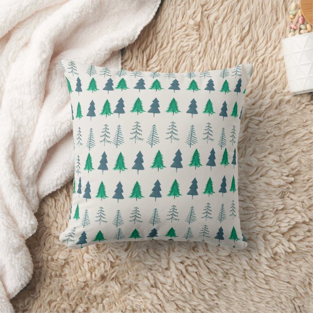 Traditional Rustic Winter forest Trees Green Throw Pillow (Blanket)