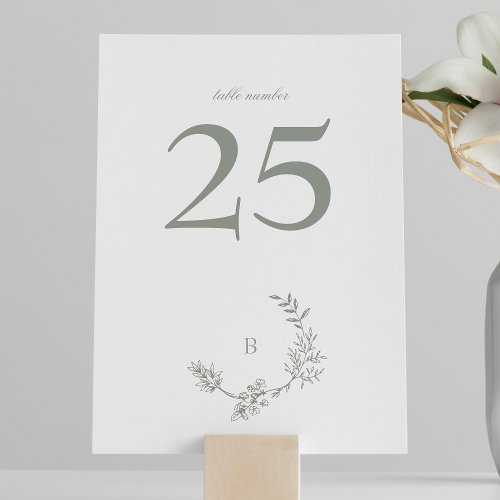 Traditional Sage Green Floral Wreath Monogram Table Number