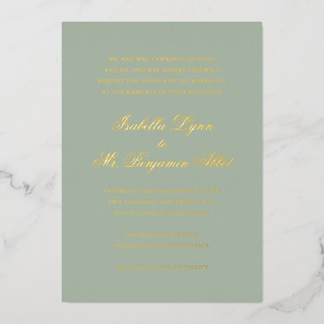Traditional Sage Green Formal Elegant Wedding Foil Invitation (Front)