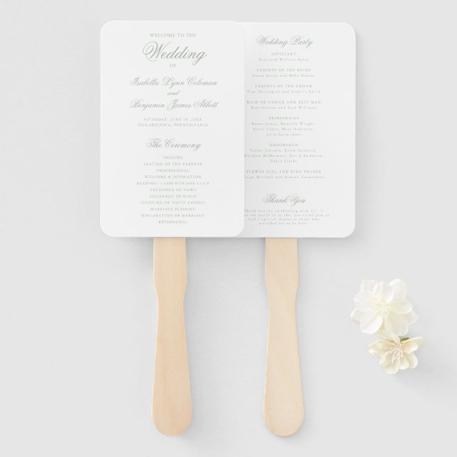Traditional Sage Green Formal Wedding Program Hand Fan (Front and Back)