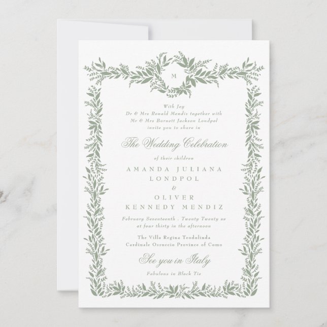 traditional sage green frame monogram wedding invitation (Front)