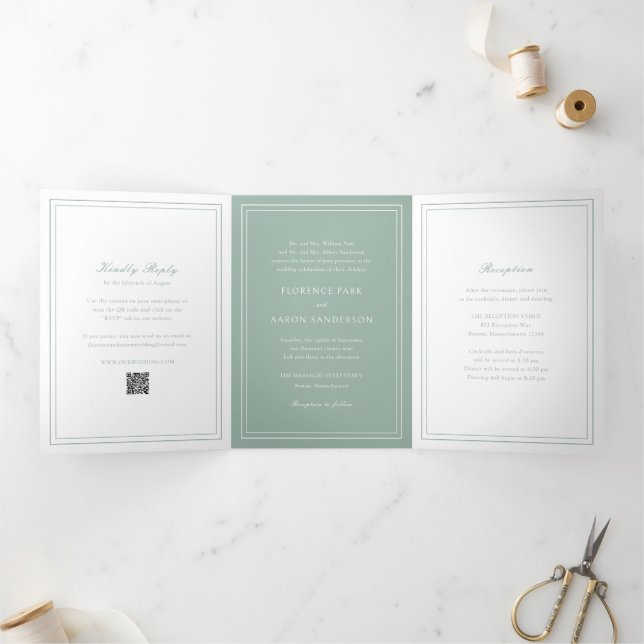 Traditional Sage Green QR Code Timeless Wedding Tri-Fold Invitation (Inside)