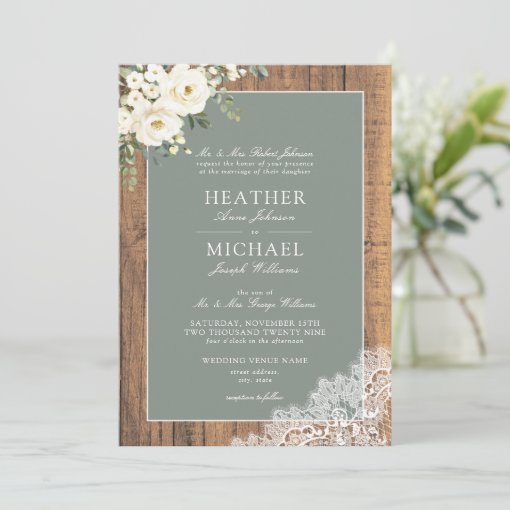 Traditional Sage Green Rustic Wood Script Wedding Invitation | Zazzle