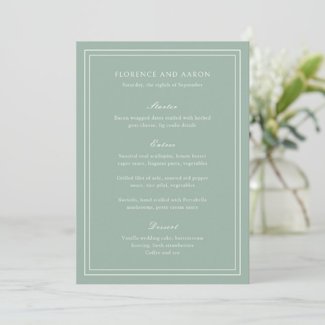 Traditional Sage Green Timeless Wedding Menu (Standing Front)